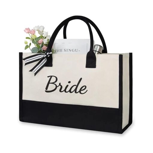 TOPDesign Canvas Tote Bag for Bride, Personalized Bride Gifts for Wedding Bridal Shower Bachelorette Party Engagement Honeymoon, Bridal Accessories Newlyweds Present