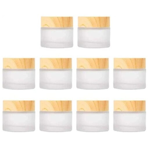 10 Pcs 5 Grams/5 ML Empty Frosted Glass Cream Jars Bottle Vials with Wood Grain Lid Lotion Jars Cosmetic Comtainers Refillable Glass Cream Box Jar Pot for Makeup Lotion Lip Balm Eye Cream