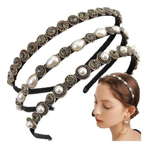 3 Pcs Pearls Rhinestones Thin Headbands for Women Girls Luxury Vintage Hair Bands for Women 's Hair with Cloth Wrapped Metal Hair Hoop Baroque Headpiece Elastic Head Bands