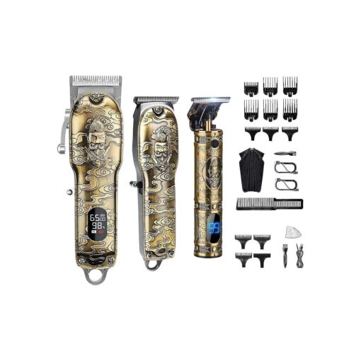 Suttik Haircut Clippers and Trimmers Set of 3, Cordless Ornate Hair Clippers for Men Professional Barber Clippers for Hair Cutting Kit with T-Blade Beard Trimmer Set, Knight, LED Display ( Gold )