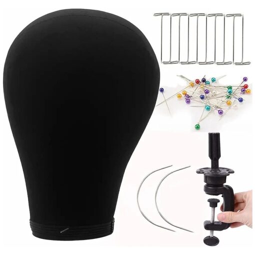 Canvas Wig Head Stand with Mannequin Head for Wig Styling Making Kit 23 Inch Black Maniquins Cork Canvas Block Head for Wigs ( Wig holder stand, T-Pins, C-Pins, Colorful Round Pins )