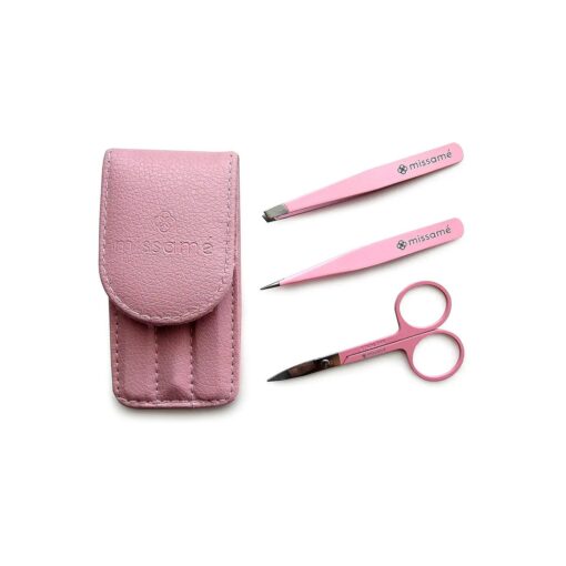 Precision Stainless Steel Eyebrow Tweezers Set In Pointed And Slanted Tip, Curved Brow Scissors, Comes With Pink Travel Case