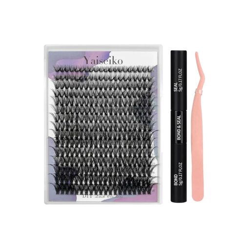 Lash Extension Kit 50D Fluffy Cluster Eyelash Extensions Kit 300 Pcs DIY Individual Lashes Kit with Lash Bond and Seal and Lashes Tweezers 8-16mm Mix D Curl Wispy False Eyelashes Pack, by Yaiseiko