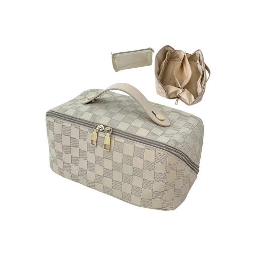 Large Capacity Travel Cosmetic Bag - Makeup Bag Opens Flat for Easy Access - Leather Waterproof Portable Cosmetics Bag with Handle, Divider - Toiletry Make up Organizer Bag ... ( CHECKERED BEIGE )