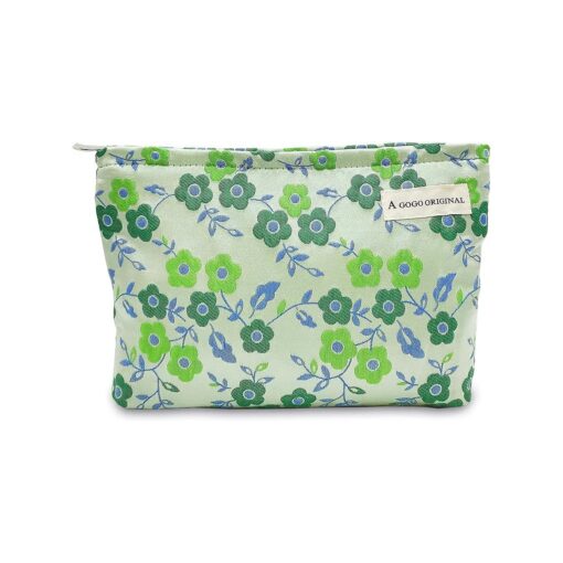 STARDW Floral Cosmetic Bags Makeup Bags for Women and Girls, Travel Makeup Bag Large Capacity Canvas Makeup Bag, Makeup Organizer Bag Zipper Pouch ( Green Flowers )