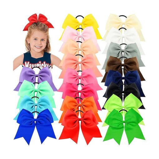 WillingTee 20Pcs 8" Large Cheer Bows for Girls Ponytail Holder Grosgrain Ribbon Cheerleading Bows Elastic Hair Tie Bands for Baby Girls School Colleage Teens Senior Cheerleader