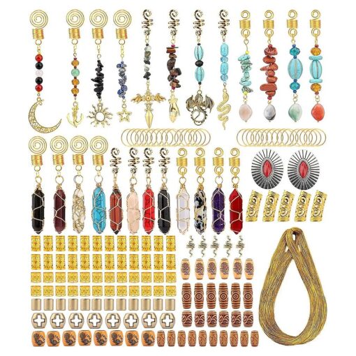 170 Pcs Loc Jewelry Handmade Gem Crystal Dreadlock Pendants for Women Imitation Wood Tube Beads Braiding Hair Cuff Braids Accessories with Metallic Cord ( Gold )