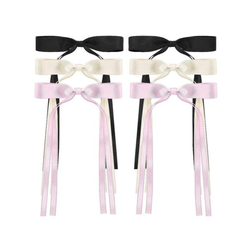 6Pcs Hair Bows for Women, Satin Ribbon Hair Bows with Metal Clips, Tassel Bowknot Hair Clips with Long Tail, Hair Barrettes with Bow Accessories ( Black, Beige, Pink )