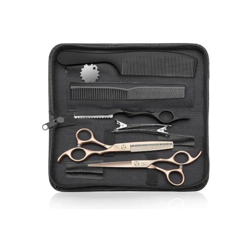 JASON Hair Cutting Scissors Kit - Professional 10 PCS Haircut Scissors Set with 6.7" Thinning/Texturizing Scissors, Straight Shears for Men Women Home Salon Barber ( 30 Teeth, Rosegold )