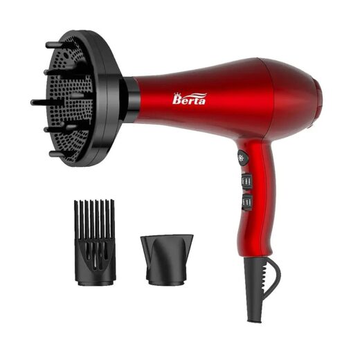 Berta Professional Hair Dryer 1875W Tourmaline Ceramic & Negative Ionic Hair Blow Dryer, 2 Speed 3 Heat Settings Cool Button with 4 Attachments