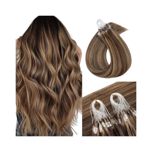 MY-LADY Microlink Hair Extensions Microbead Human Hair Extensions 16 Inch Blonde Micro Loop Hair Extensions Real Human Hair Medium brown mix Dark Blonde Cold Fusion Extensions Micro Link # 4/27