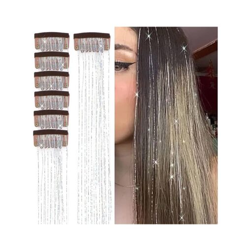 23.6Inch Clip in Hair Tinsel Kit, Silver Hair Tinsel Heat Resistant Fairy Hair Tinsel Clip in Glitter Hair Extensions, Tinsel Hair Sparkles Festival Hair Accessories for Women Girls ( Silver )