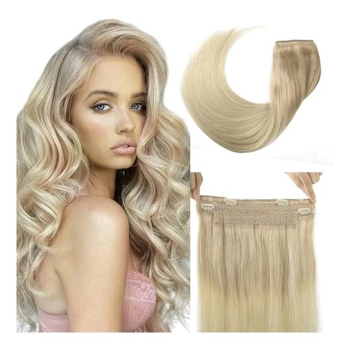 Wire Hair Extensions 16 inch 95g Ash Blonde to Golden Blonde and Platinum Blonde Straight Remy Hair Extensions with Invisible Fish Wire Hair Extensions Real Human Hair