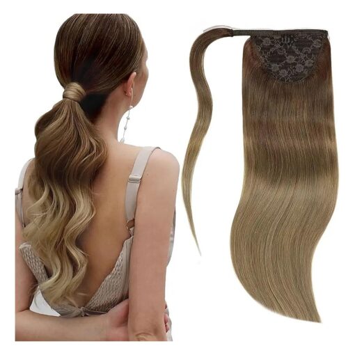 Lacer Hair Extensions Ponytail Human Hair Long Straight Invisible Hairpieces Extension Ombre Dark Brown to Light Brown Real Hair Ponytail Extension for Women 90 Grams 20 Inch