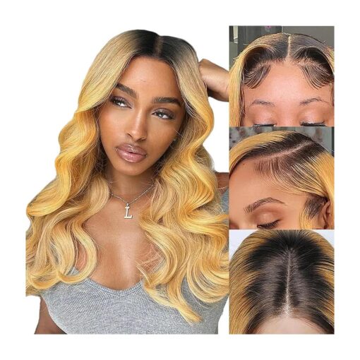 FABA Honey Blonde Lace Front Wigs Human Hair 18 inch Black Roots Blonde Human Hair Wig 180 % Density 13x4 1B/27 HD Lace Front Wigs Human Hair Ombre Blonde Lace Front Wigs for Women with Baby Hair