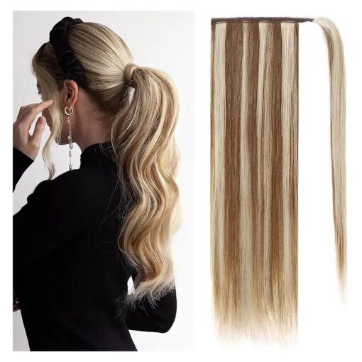 Ponytail Extension Human Hair 100 % Real Remy Human Hair Wrap Around Ponytail Long Straight Ponytail Hairpiece Pony Tails Hair Extensions ( 16inch, P10/613 ( Dark Brown and Bleach Blonde ) )