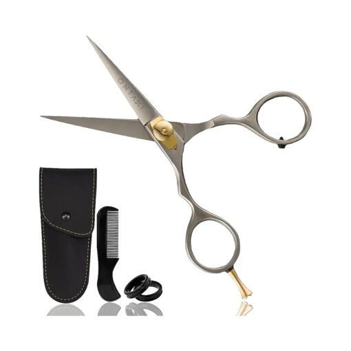 Premium Hand Forged Mustache Scissors 5.5" - Barber Salon Japanese Steel Scissors - Beard Mustache Hair Shears Bangs Haircuts - Beard Scissors for Men Hair Trimming Scissors - Rest Hook Silver