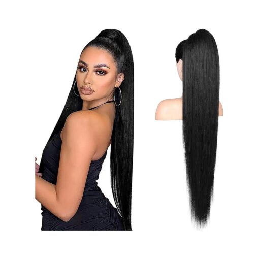 FLUFYMOOZ ponytail extension, 36 Inch Long Straight Drawstring Ponytail Synthetic Hairpieces Fake Pony Tails Natural Soft Clip in Hair Extension ponytail for Women ( Jet Black )