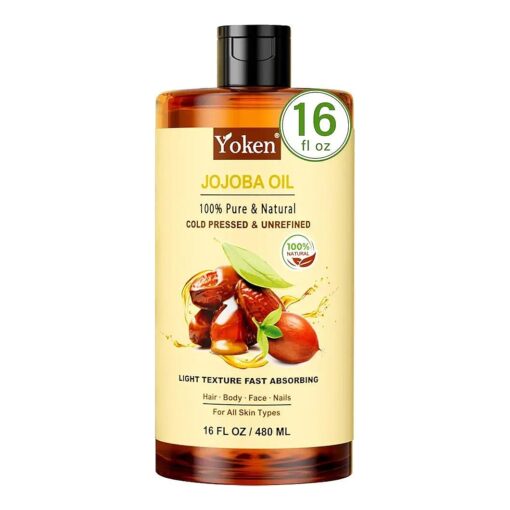 Yoken Pure Jojoba Oil 16 fl oz - 100 % Natural Jojoba Oil for Hair, Skin & Face, Cold Pressed Unrefined, Deeply Moisturizing Jojoba Carrier Oil for Essential Oils Mixing, Soap Making