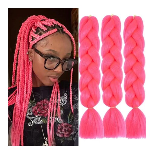 DOREN Jumbo Braiding Hair Extensions for Black Women Synthetic Crochet Braids Hair DIY Box Braids 100g/pc 3Packs/Lot ( 24 Inch, A14 Hot Pink )