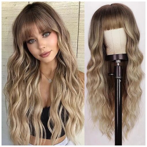 Lativ Blonde Wig With Bangs Long Wavy Curly Ombre Wig with Dark Root Synthetic Heat Resistant Wigs for Women Daily Party Use 26 Inches