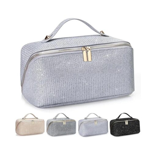 CCidea Cosmetic Bag, Gifts for Women, Lay Flat Makeup Bag Organizer Waterproof Leather Makeup Pouch Cosmetic Travel Cases Toiletry Bags Sparkling Glitter Make Up Bag - Silver