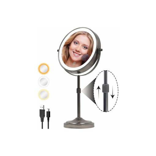 9" Lighted Makeup Mirror with with Lights and Magnification 1X/10x, 5000mAh Rechargeable Magnifying Vanity Mirror, 3 Light Colors Dimmable & Height Adjustable Mirror Gunmetal Grey