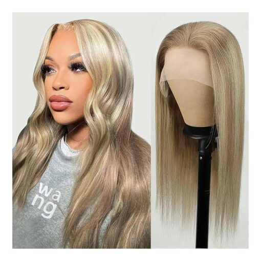 AISI QUEENS Highlight Ombre Lace Front Wigs Human Hair For Women Long Straight Ash Blonde to Bleach Blonde Color Human Hair 13x4 Lace Front Wig ( 13x4 Lace Front Wigs, T18/613 )