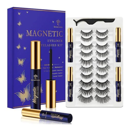 Magnetic Eyelashes 7C SevenCrown Magnetic Lashes with Eyeliner Kit, Upgraded Natural Look, Waterproof, Long Lasting 10 Pairs Reusable False Eyelashes Easy to Apply .