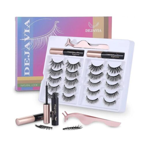 Magnetic Eyelashes with Eyeliner Kit- 10 Pairs Premium 3D Natural Look Reusable Eyelashes with Tweezers Applicator, Strong Magnetic Eyeliner and Lashes Set by DEJAVIA, No Glue Needed