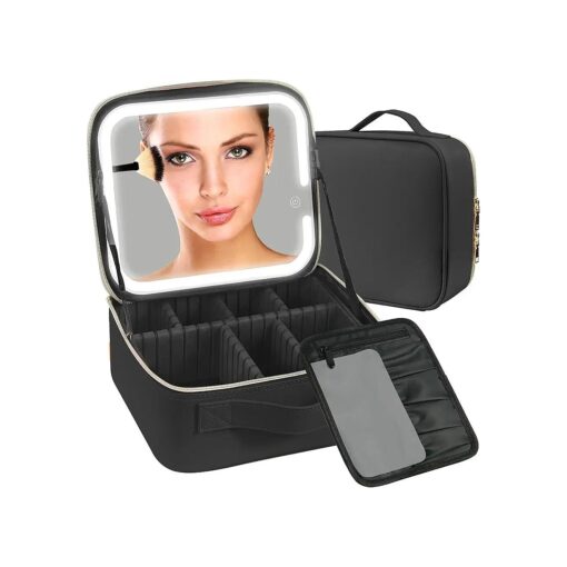 Makeup Travel Bag with LED Lighted Mirror, Makeup Travel Train Case with Adjustable Divider, Makeup Bag with Mirror and light Cosmetic Bag for Makeup Brushes, Tool Case, Gifts, Women