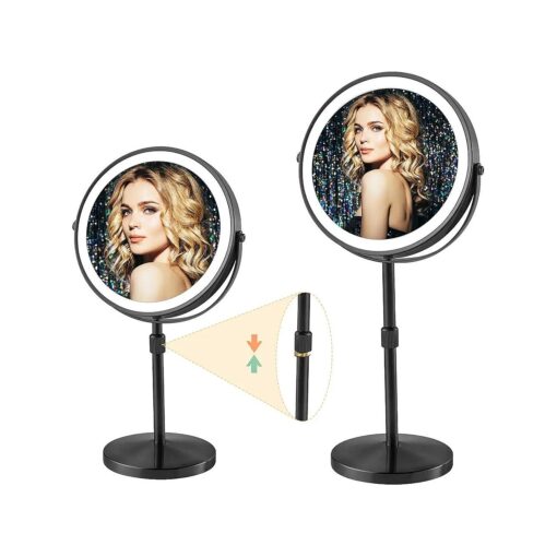 8" Makeup Mirror with Lights, Height Adjustable Lighted MMagnifying Mirror, 1x/10x Lighted Mirror with Magnification, Brightness Adjustable Magnification Cosmetic Vanity Light up Mirror, Black