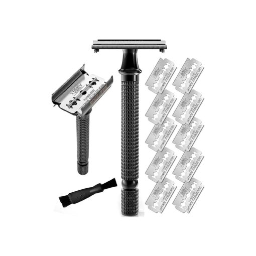 SHAVING REVOLUTION Long Handle Double Edge Safety Razor - Butterfly Open Razor 10 Japanese Stainless Steel Double Edge Blades - Close, Clean Shaving Razor Men., Black Long Handle, 12 Piece Set