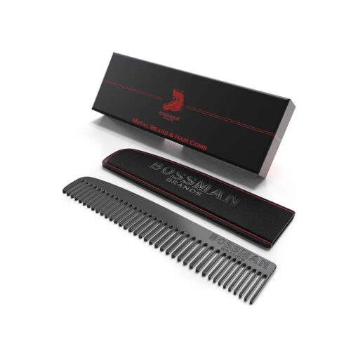 Bossman Metal Comb for Men - Hair and Beard Comb for Men - Grooming Mustache Comb - Accessories for Men 's Beard and Hair Care with Leather Pocket Case ( Black )