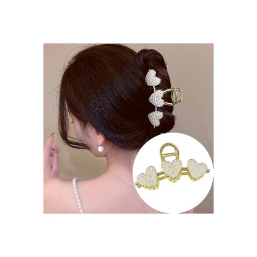 Heart Hair Claw with Pearls Large Metal Hair Claw Clip Non-Slip Hair Clips Thick Hair Threaded Gold Claw Clips Shining Strong Crab Claws Cross Hair Barrettes for Women