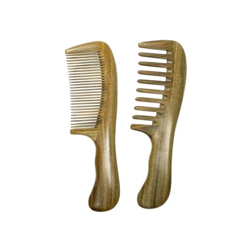 Wide Tooth Comb and Fine Tooth Combs, Natural Green Sandalwood Wooden Comb Set for Women Men ( 2PCS )