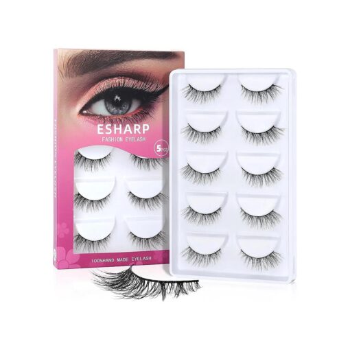 False Eyelashes Natural Looking Half Lashes 3D Wispy Cat Eye Lashes 3/4 Faux Mink Lashes 12mm Lightness Comfortable Lashes Pack,5 Pairs