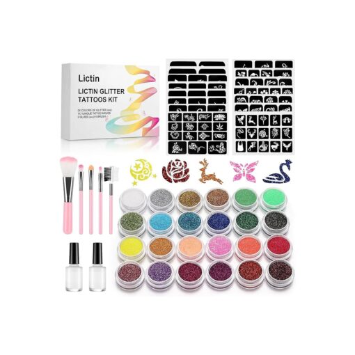 Lictin Glitter Tattoo Set - 24pcs Cosmetic Glitter Tattoo Set Tattoo Stencils Glitter Tattoos Temporary Tattoo Template Set with 117 Stencils, 2 Glue, 5 Brushes