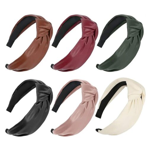 Welltop 6 PCS Knotted Headbands for Women, Wide PU Leather Headband Comfortable Top Knot Thick Turban Hairband Fashion Cross Hairbands Non Slip, Elastic Hoops Hair Accessories for Womens and Girls