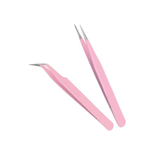 2 Pcs Stainless Steel Tweezers for Eyelash Extensions Precision Electronics Nail Sticker Rhinestone Jewelry Anti-Static Non-Magnetic ( Pink )