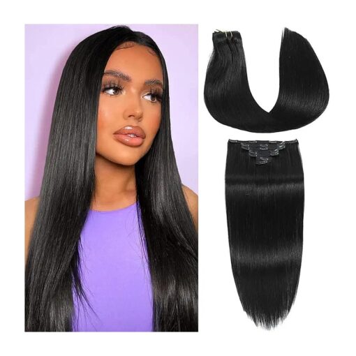 Human Hair Clip In Hair Extensions Real Human Hair Jet Black Remy Hair Extensions for Black Women 22inch Double Weft Brazilian Hair Extensions Clip in long Straight Hair Extensions 100 % Virgin Natural black Hair Extensions Full Head 120g 7pcs # 1