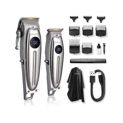 SUPRENT Professional Rechargeable Hair Clipper-Hair Clippers for Men, Cordless Hair Cutting Kit with LED Display ( Silver )