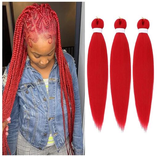 Red Braiding Hair Pre Stretched EZ Braiding Hair 3 Packs/Lot 26 Inches Yaki Texture Braiding Hair Hot Water Setting Synthetic Fiber for Crochet Hair Extensions ( 3 packs, Red # )