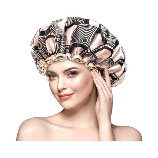 mikimini Large Shower Cap for Women Long Hair, Champagne Shower Caps with Lace, Double Layer Waterproof, Reusable, Washable, High-quality