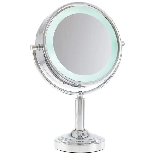 Danielle Creations Double-Sided LED Round Lighted Makeup Mirror with 15x Magnification for Vanity or Countertop, 360-Degree Movement, Silver Chrome