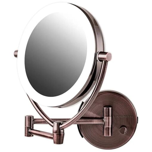 Ovente 7.5" Lighted Wall Mount Makeup Mirror, 1X & 10X Magnifier, Spinning Double Sided Round LED w/ Dimmer Switch, Extend, Retractable & Folding Arm, Battery USB Powered Antique Brass MLW75AB1X10X