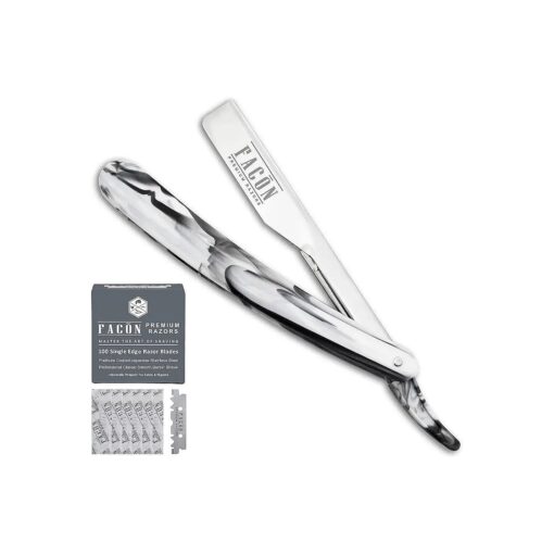 100 BLADES + Facon Professional Marble Straight Edge Barber Razor - Salon Quality Cut Throat Shavette