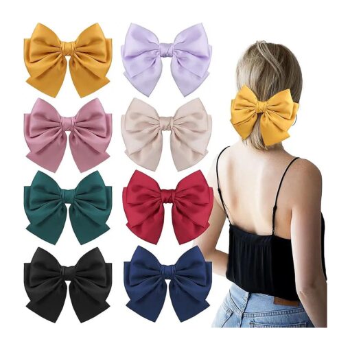 8Pcs Big Satin Layered Hair Bows for Women Girls 7 Inch Barrette Hair Clip Large Ribbon Bows Style Hair Accessories ( Big satin bow )