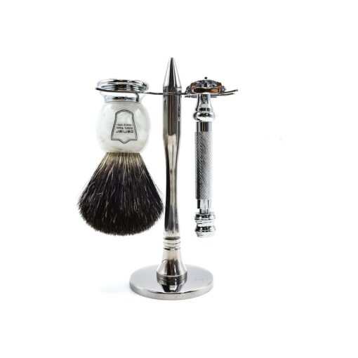 Parker 99R Shave Set - Includes Parker 99R Double Edge Butterfly Safety Razor, Black Badger Brush, Stainless Steel Shave Stand & 5 Blades