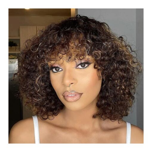 Short Afro Curly Wig With Bangs Bob Curly Human Hair Wigs for Black Women 180 Density Full Machine Made None Lace front Afro Unprocessed Virgin Hair Wigs 12 inch P4/30